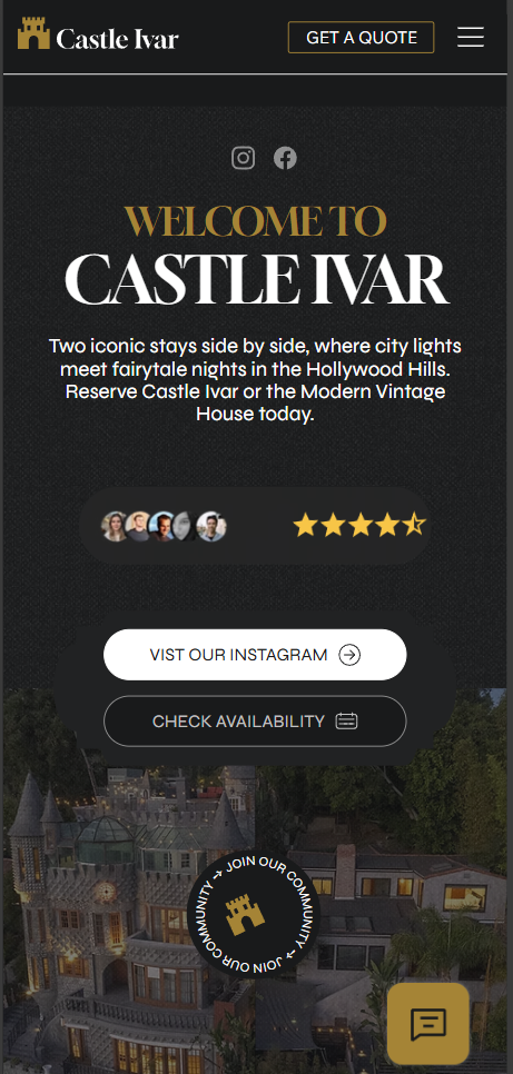 Castle Ivar mobile website screenshot with property imagery, check availability and quote links