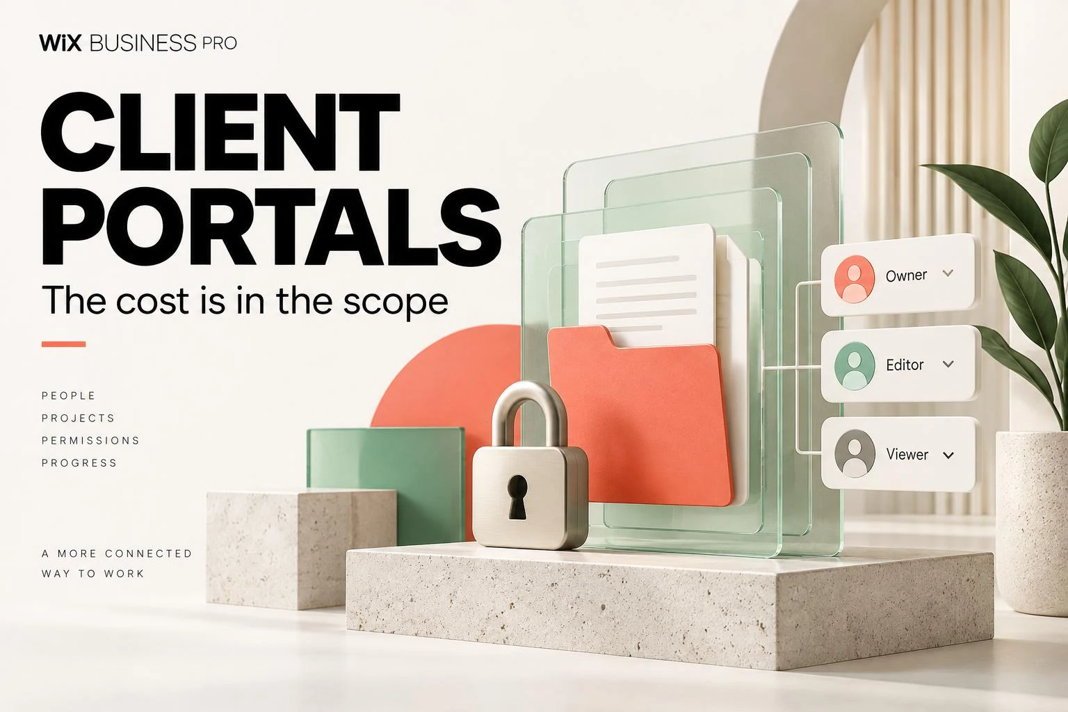 Client portal artwork with glass panels, a document folder, a padlock and owner, editor and viewer access cards