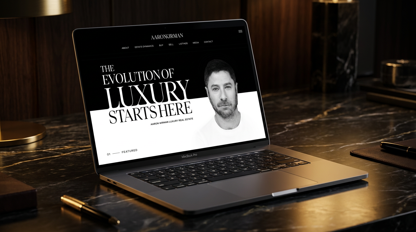 Aaron Kirman Real Estate desktop website mockup showing its bold luxury brand identity