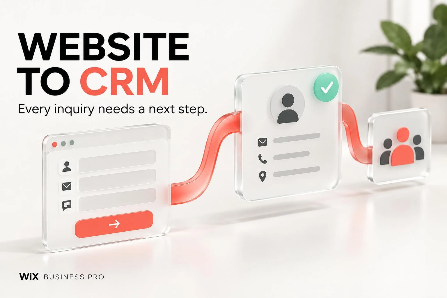 Glass website form connected by a coral ribbon to a CRM contact card and a team icon