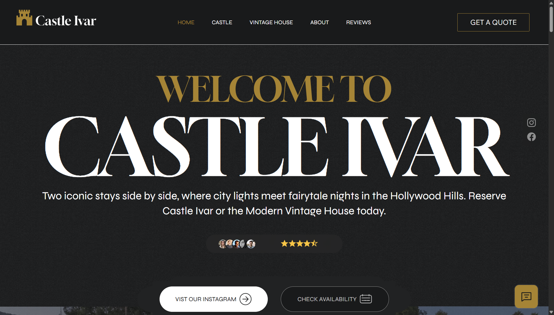 Castle Ivar rental-property website desktop screenshot with black and gold branding and prominent Castle Ivar lettering